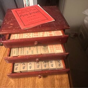 Vintage Mah Jongg Set Parker Brothers  Game 1923 Wooden Case Drawers w/ Sticks